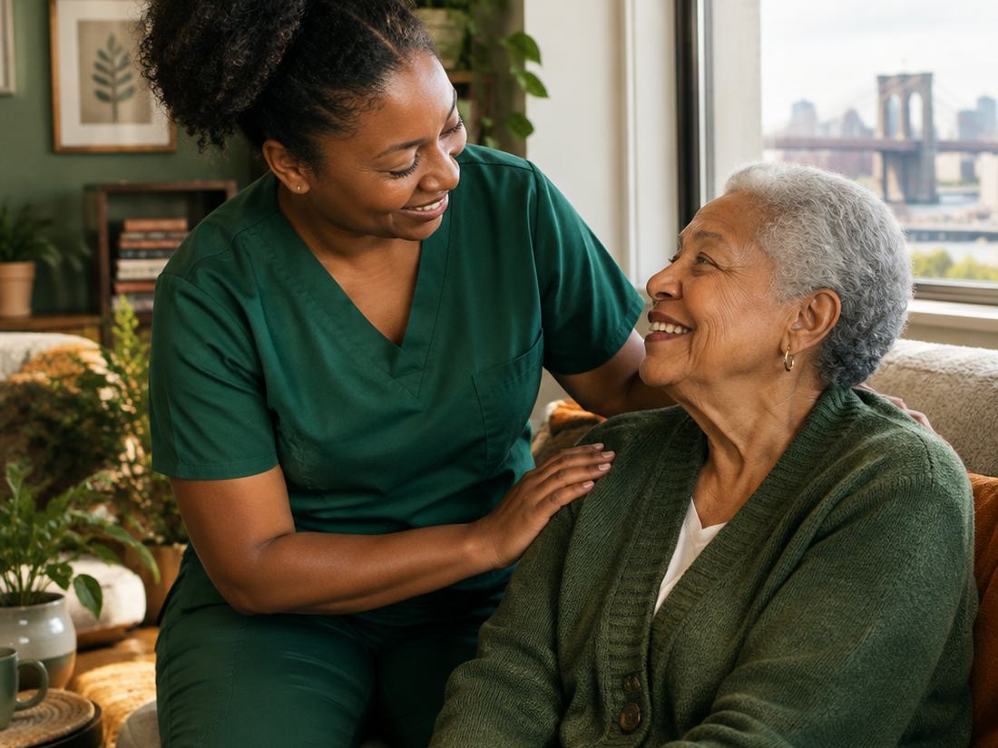 A home care aide greeting an older woman at home