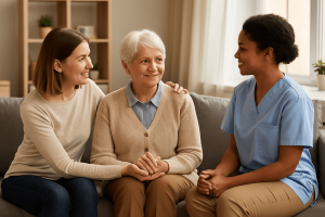 A caregiver in blue scrubs and a younger woman sit with an elderly lady on a couch, smiling warmly. The scene conveys comfort and support in a cozy room.
